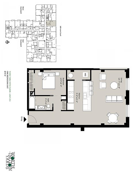 Floor plan for 1 bed, 1 bath, 1053 sqft